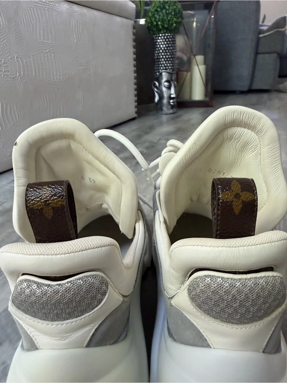 Louis Vuitton White and Silver Sneakers with White and Iridescent Box Bag